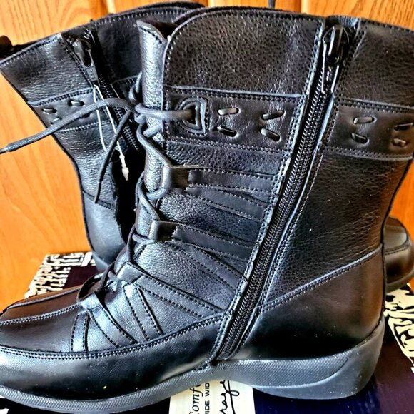 WOMEN BOOTS SIZE 6.5 WW PEERAGE COMFORT WIDE WIDTH BLACK LEATHER ZIPPER LACES - Picture 3 of 9